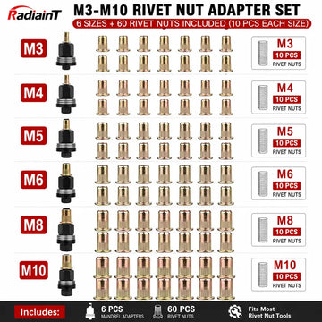 RadiainT Rivet Nut Tool Mandrel Adapter Set - Multi-Size M3-M10 Threaded Inserts, 6 Sizes with 60 Rivet Nuts, Quick Switch for Compatible Tools, Auto Repair & Sheet Metal Projects