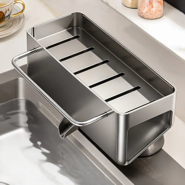 Stainless Steel Removable Kitchen Sink Caddy - Multifunctional Countertop Organizer with Soap Dispenser, Sponge Holder, Towel Bar, Drainage Spout for Dishwashing Accessories