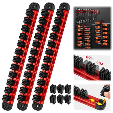 Heavy Duty Car Repair Toolbox Organization Kit for Garages - 2-Pack Aluminum Rail Magnetic Holder, Modular Wrench Rack, 24-Slot Screwdriver Tray, Flexible Ratchet Trim Tools with Adjustable Clips (Tools Not Included), Wrench Storage, 24 Slots