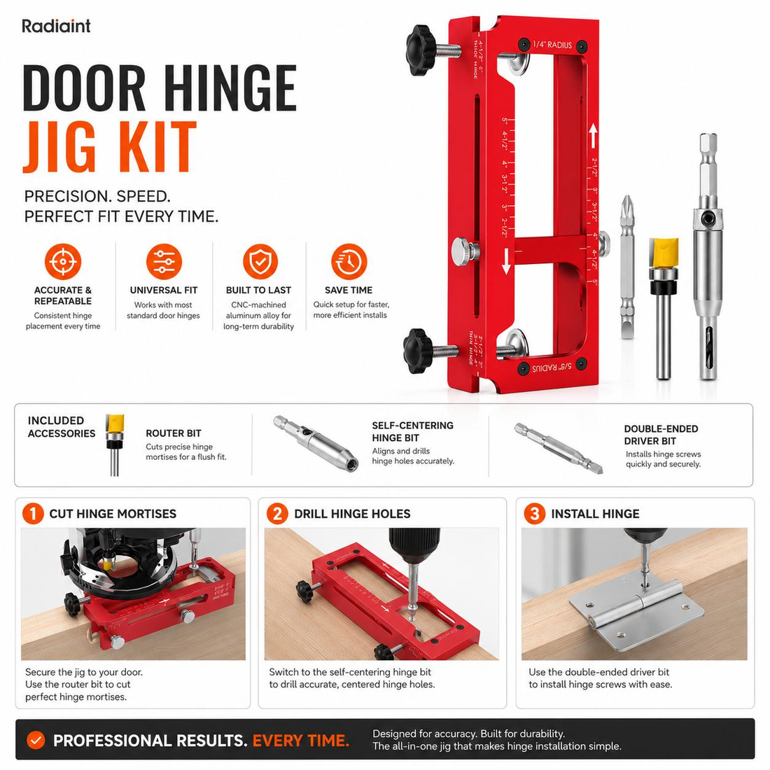 Raiaint Aluminum Alloy Door Hinge Jig Template Kit for Router, Adjustable Mortise Jig Fits 2.5"-5" Length Hinges with 1/4" R, 5/8" R, Square Corners (Red)