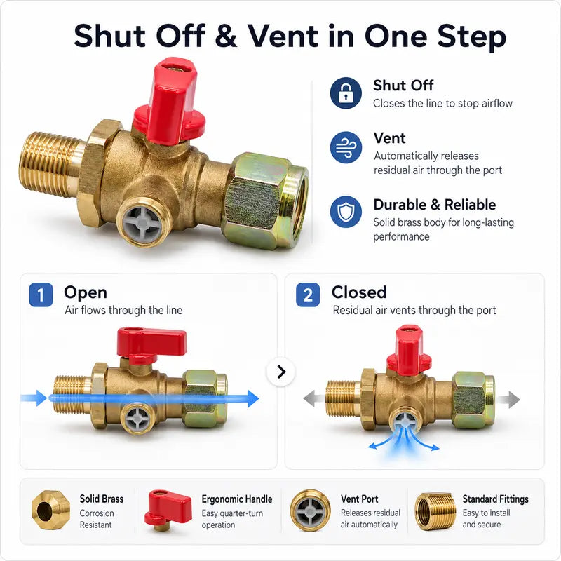 M18 x 1.5 Male to Female Air Control Valve with Exhaust Port, 1/4 Turn Red Handle