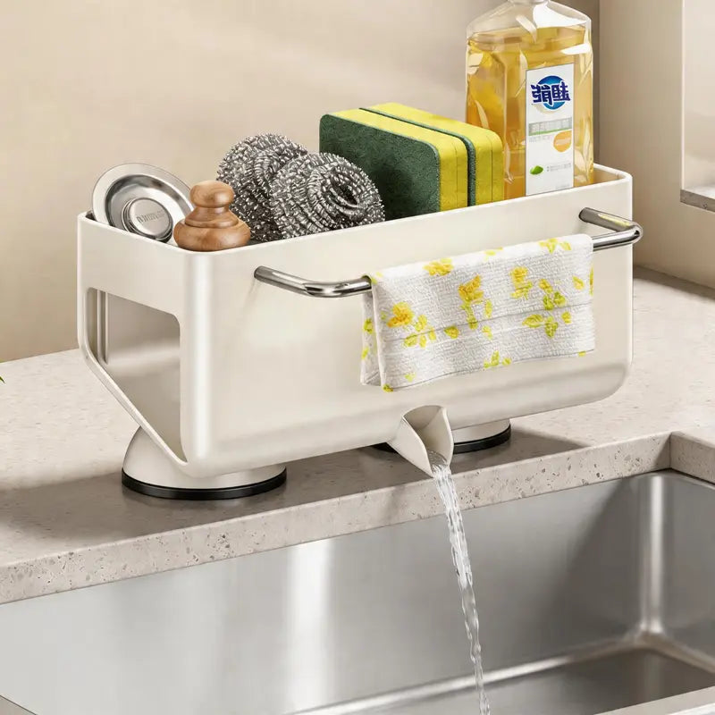 Stainless Steel Removable Kitchen Sink Caddy - Multifunctional Countertop Organizer with Soap Dispenser, Sponge Holder, Towel Bar, Drainage Spout for Dishwashing Accessories