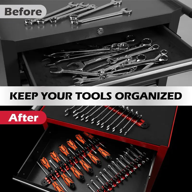 Heavy Duty Car Repair Toolbox Organization Kit for Garages - 2-Pack Aluminum Rail Magnetic Holder, Modular Wrench Rack, 24-Slot Screwdriver Tray, Flexible Ratchet Trim Tools with Adjustable Clips (Tools Not Included), Wrench Storage, 24 Slots