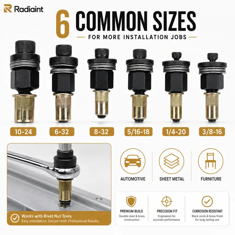 Radiaint Rivet Nut Tool Mandrel Adapter Kit, M3–M10 Quick-Change 6-Size Set with 60 Threaded Rivet Nuts for Automotive Repair, Sheet Metal & DIY Projects